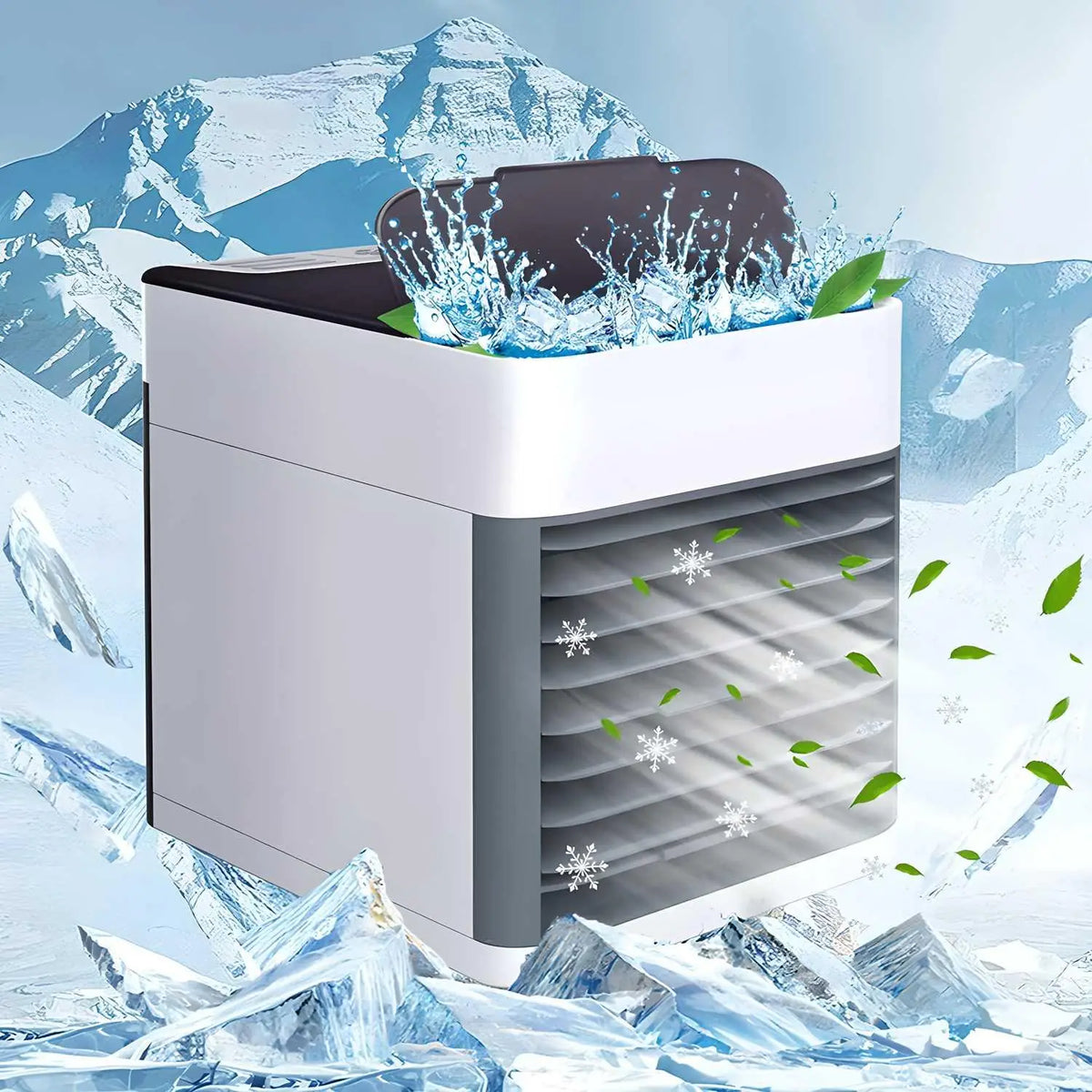 A white plastic personal Mini Air Conditioner Air Cooler on a flat surface