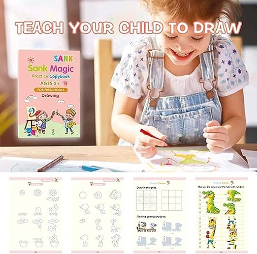 Magic Calligraphy Copybook Set for Kids - 4 Books, 1 Pen, 1 Grip, 10 Refills