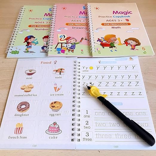 Magic Calligraphy Copybook Set for Kids - 4 Books, 1 Pen, 1 Grip, 10 Refills