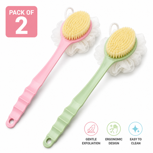 Pack of two 2-in-1 long handle brushes made of plastic for body and household cleaning