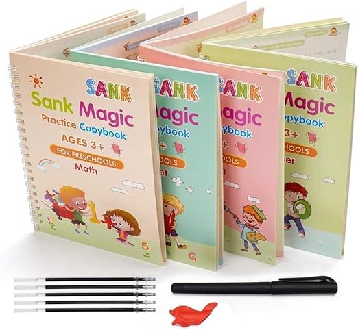 Magic Calligraphy Copybook set with four books, pen, grip, and ten ink refills