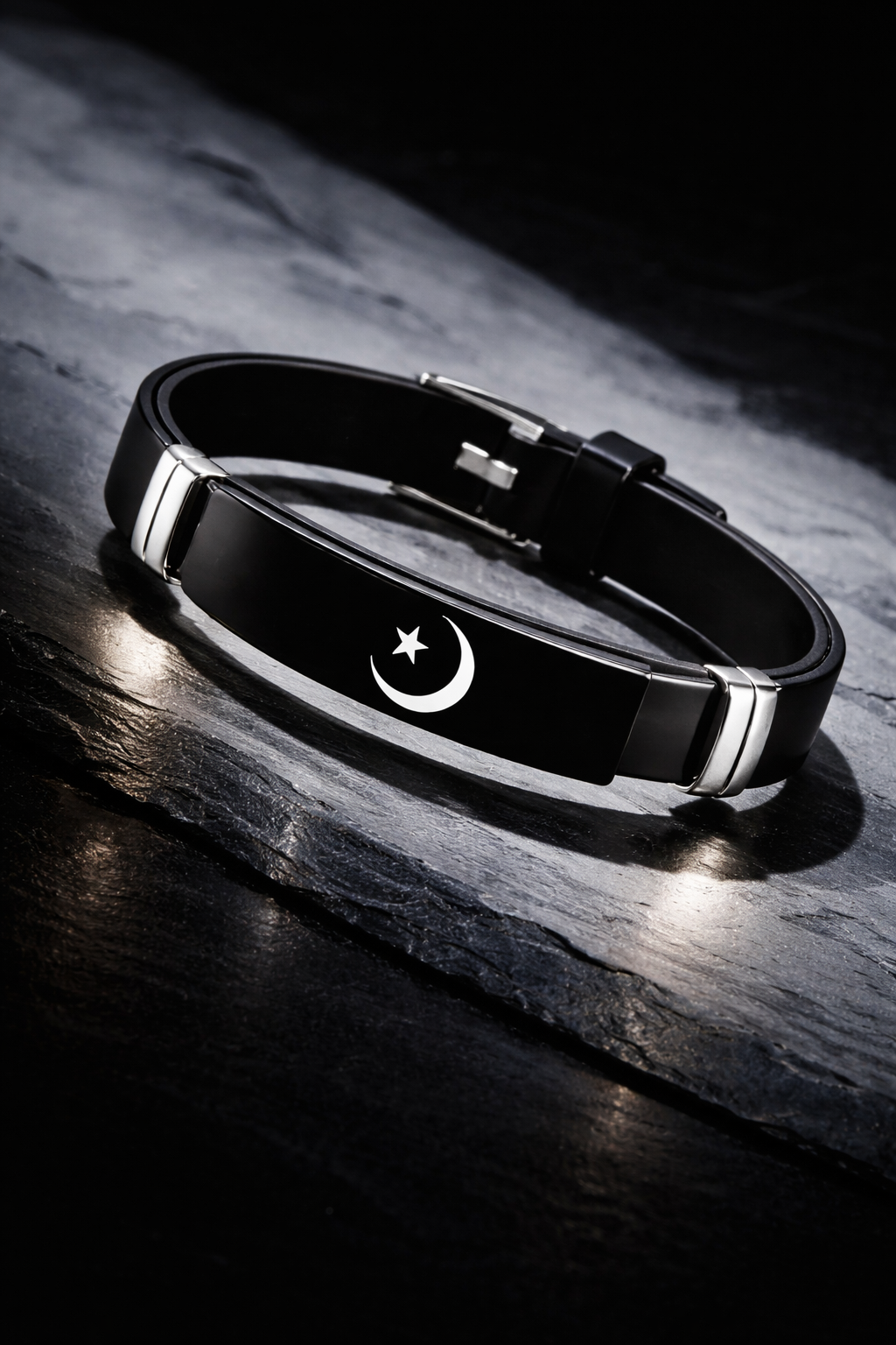 Crescent Moon Wrist Band made of grey silicone and silver-tone steel