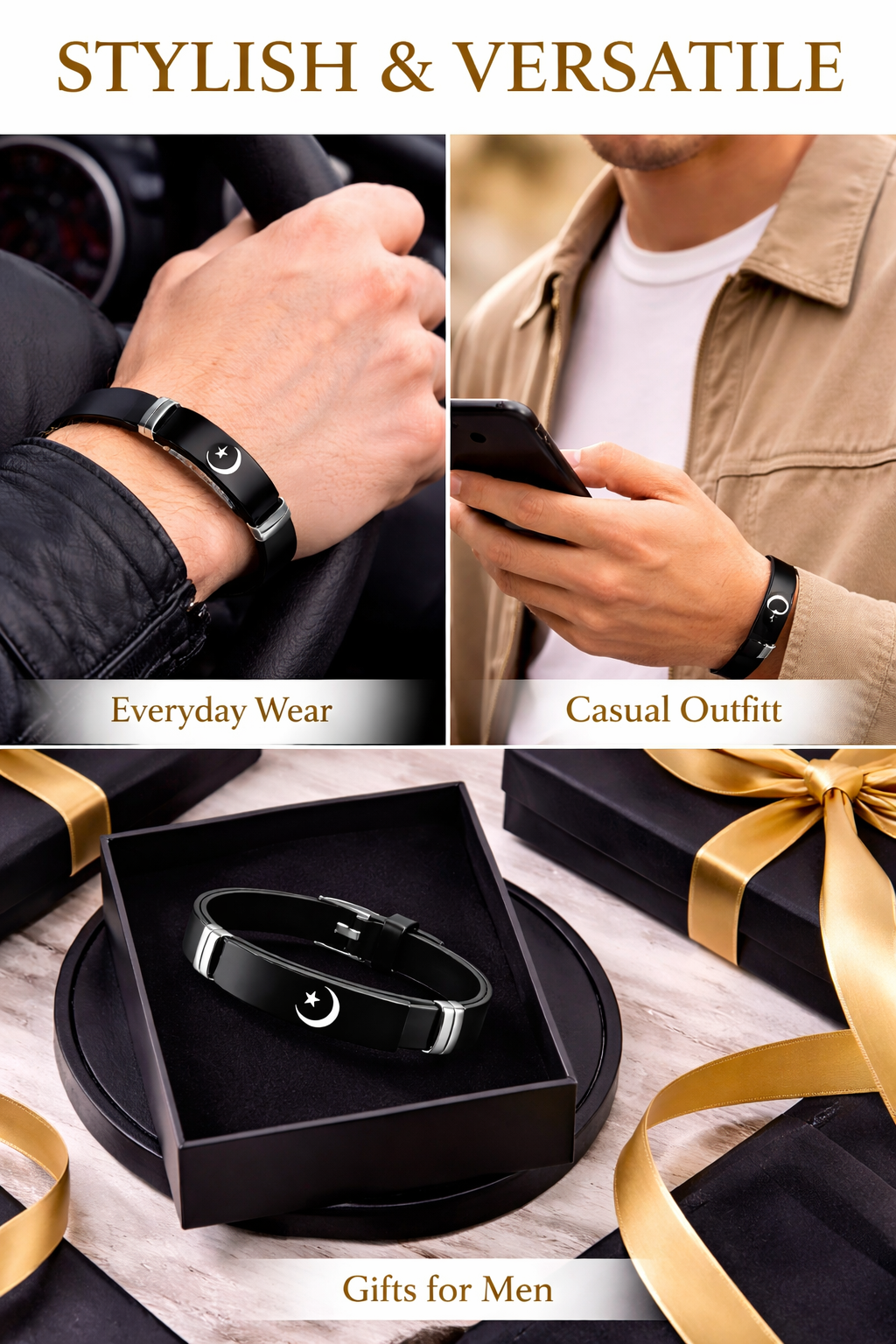 Crescent Moon Wrist Band, Silicone and Steel Construction