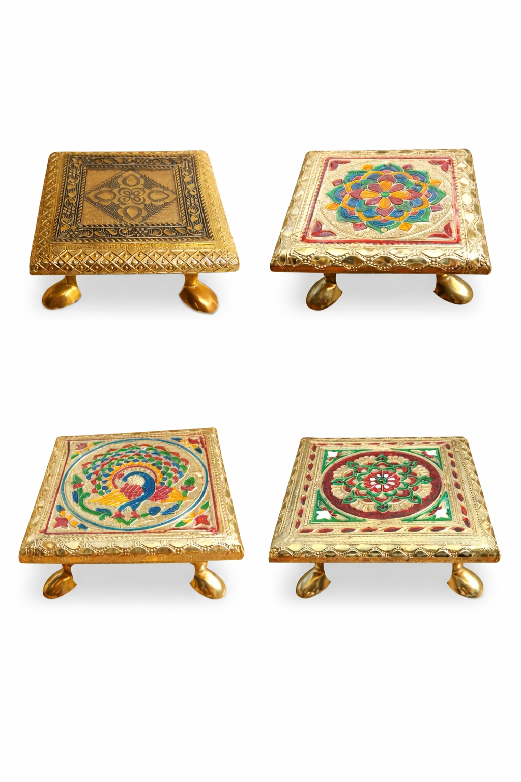 A wooden Meenakari chowki bajot platform with colorful traditional Indian patterns.