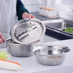 A 3-in-1 stainless steel kitchen drain basket set on a clean surface.