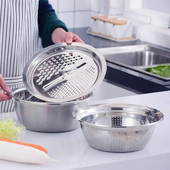 A 3-in-1 stainless steel kitchen drain basket set on a clean surface.