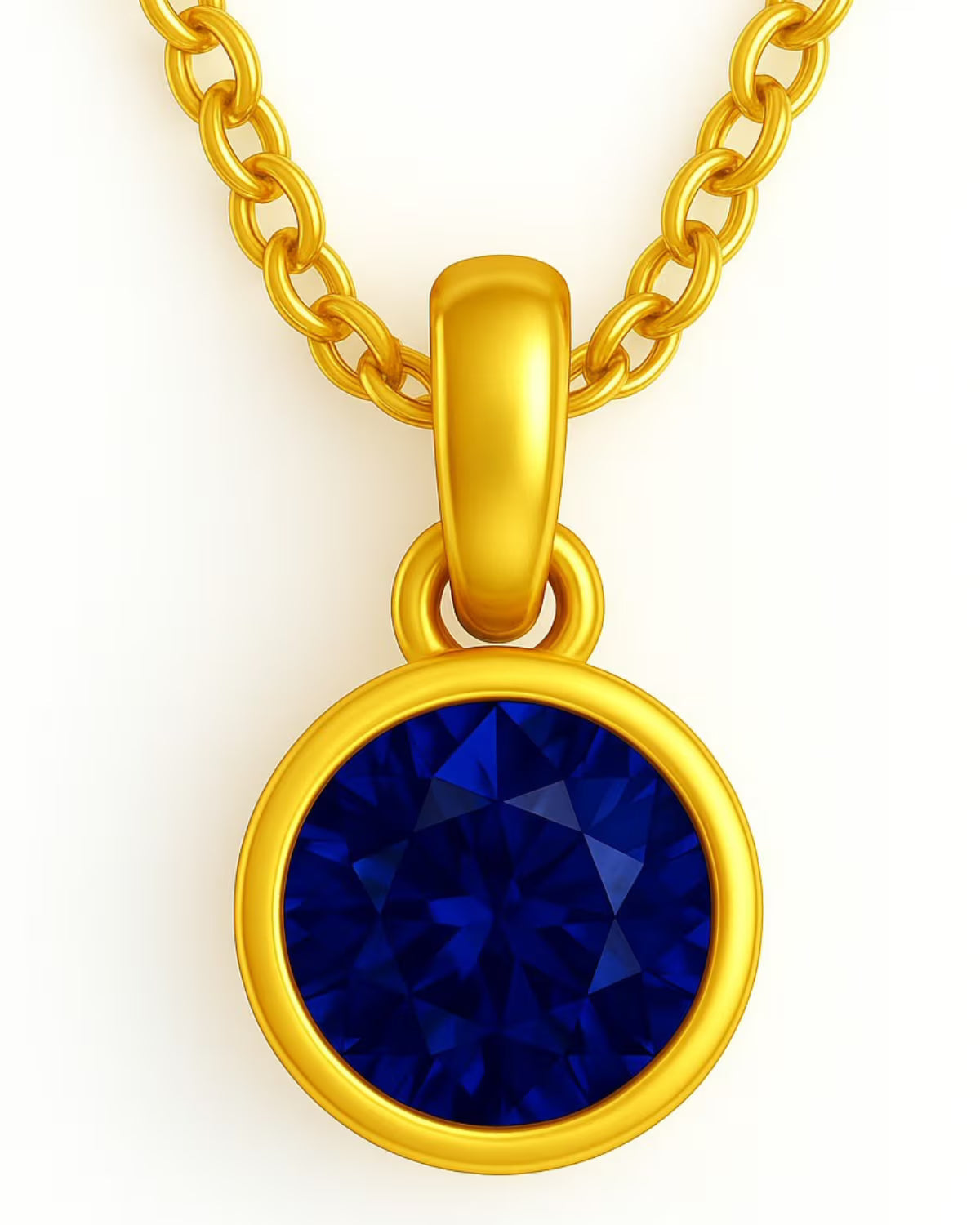 Amethyst birthstone pendant hanging on a gold plated chain against a plain background
