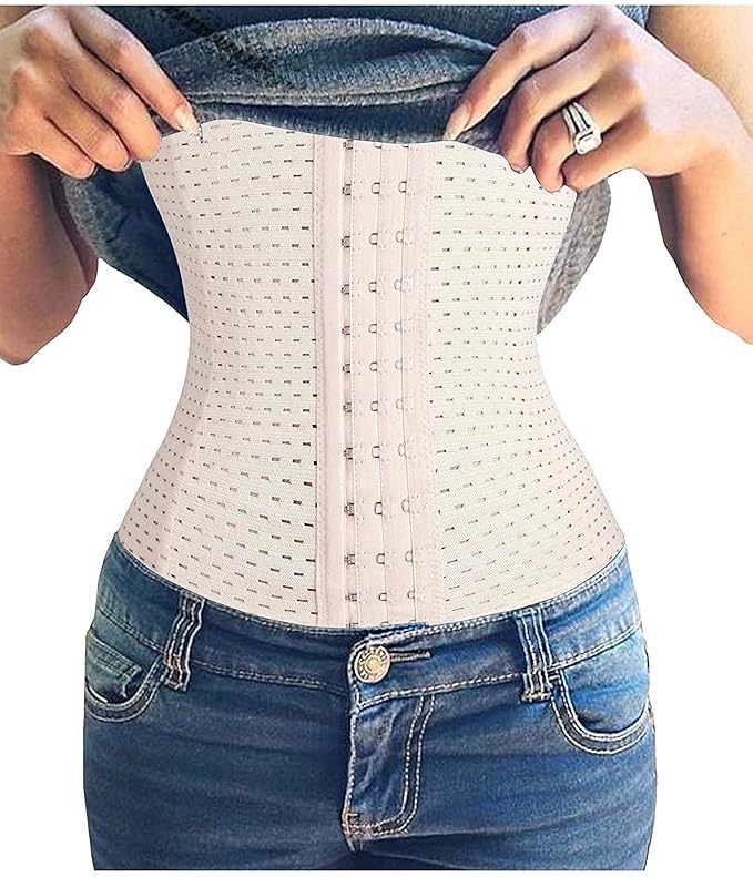 A beige cotton blend waist trainer belt for women laid out flat.