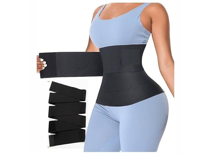 Black elastic waist band and body shaper wrapped for tummy support