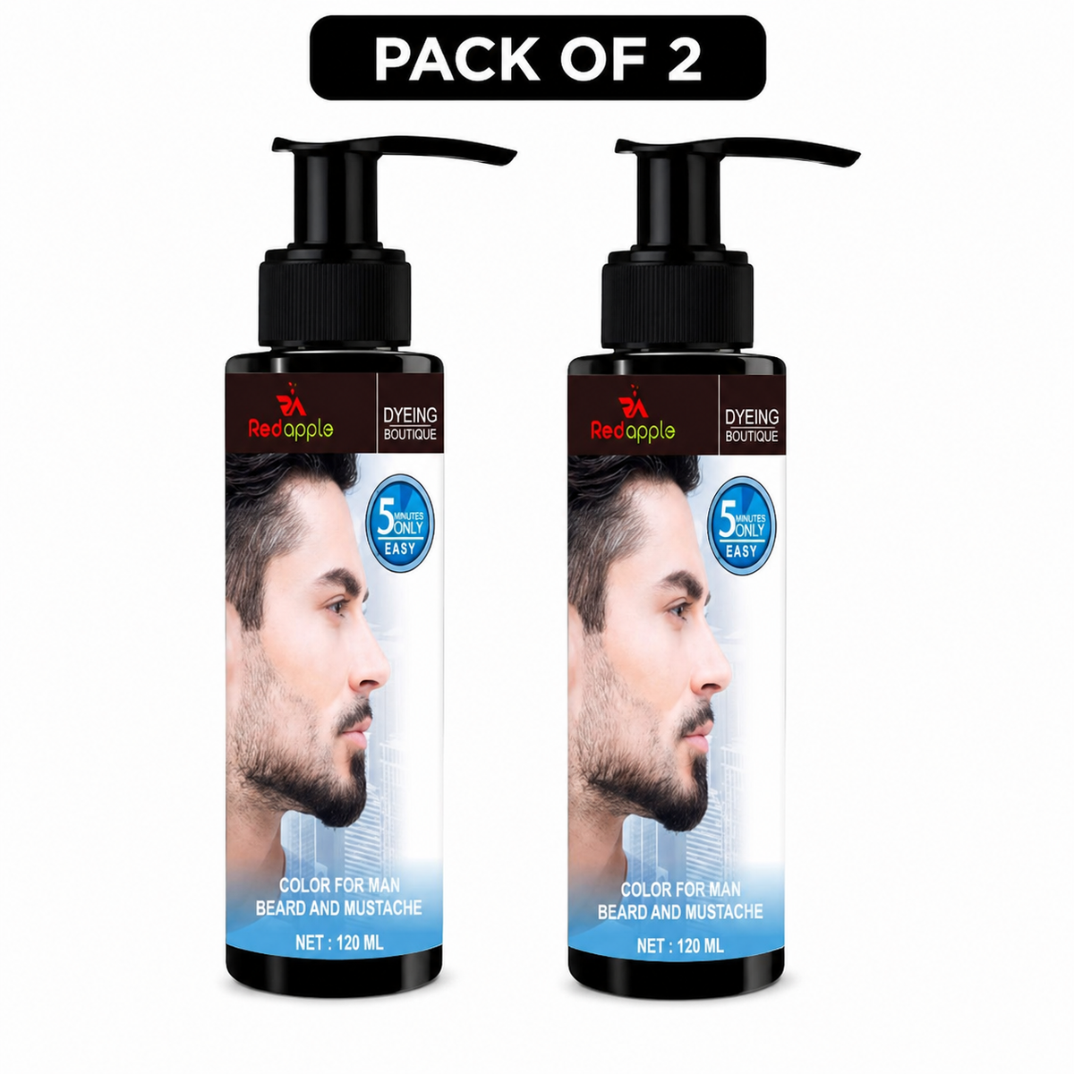 Two bottles of Men's Mustache and Beard Dye Shampoo for gray hair coverage