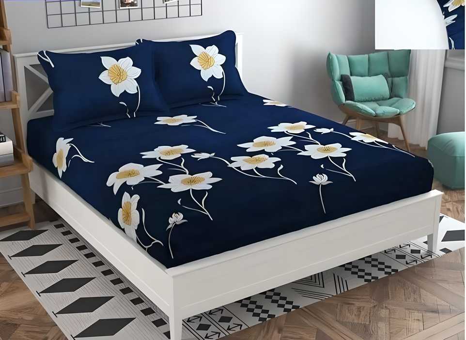 A neatly folded solid navy blue cotton double bed sheet.