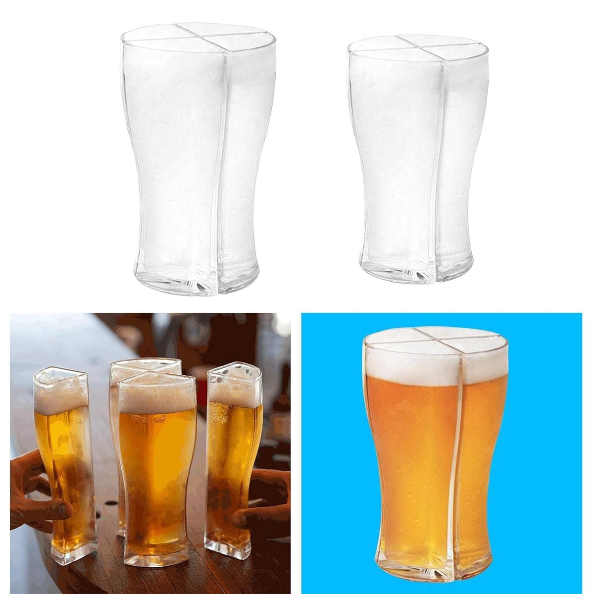 A transparent acrylic beer splitter mug featuring two separate chambers and a single handle