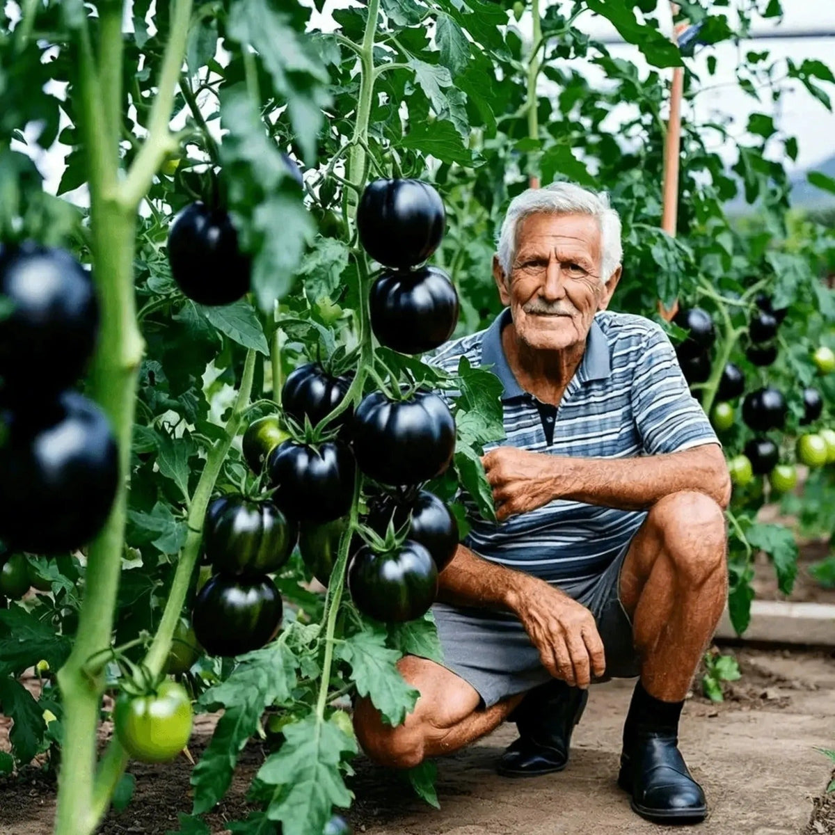 Two packets of Black Giant Cascade purple tomato seeds laid out