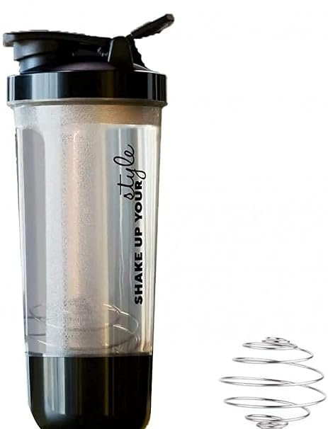 A standard 600 ml plastic protein shaker bottle for fitness supplements