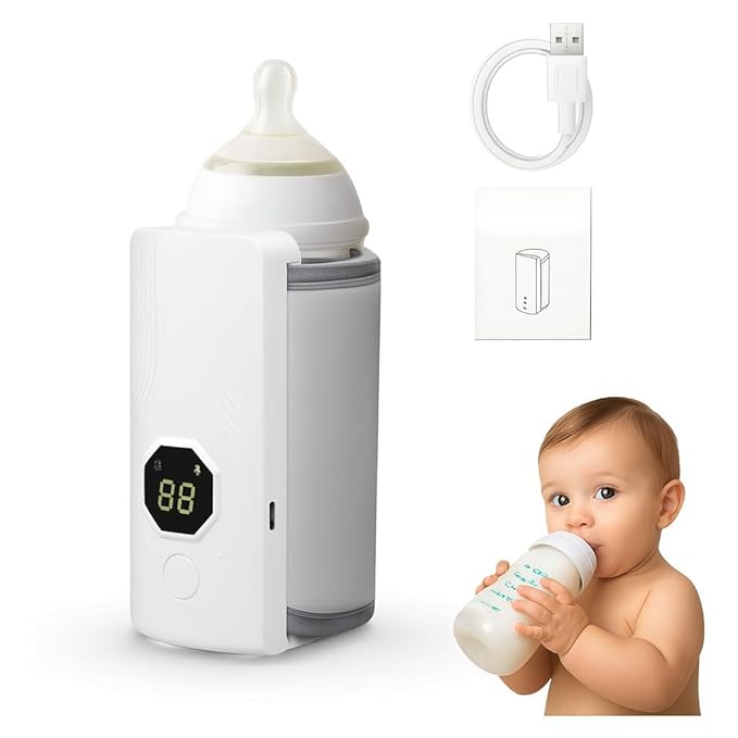 Portable baby bottle warmer with white finish and digital LCD display screen