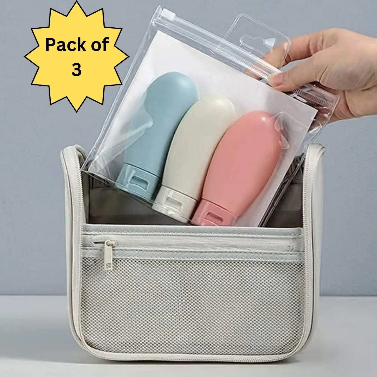 Set of three clear 60ml travel bottles for toiletries