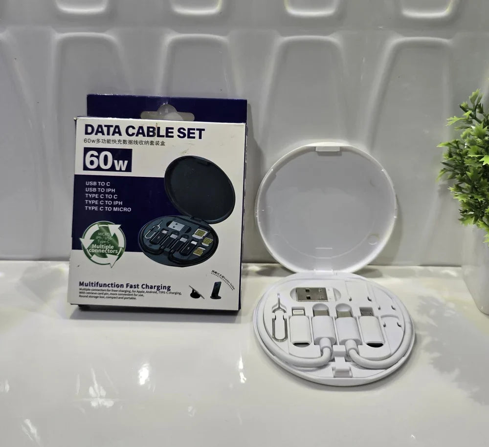 Round compact storage box containing multi-functional data cables and a SIM pin.