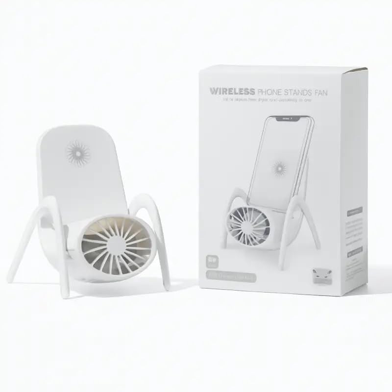 A compact portable plastic fan with a built-in slot for holding a mobile phone.