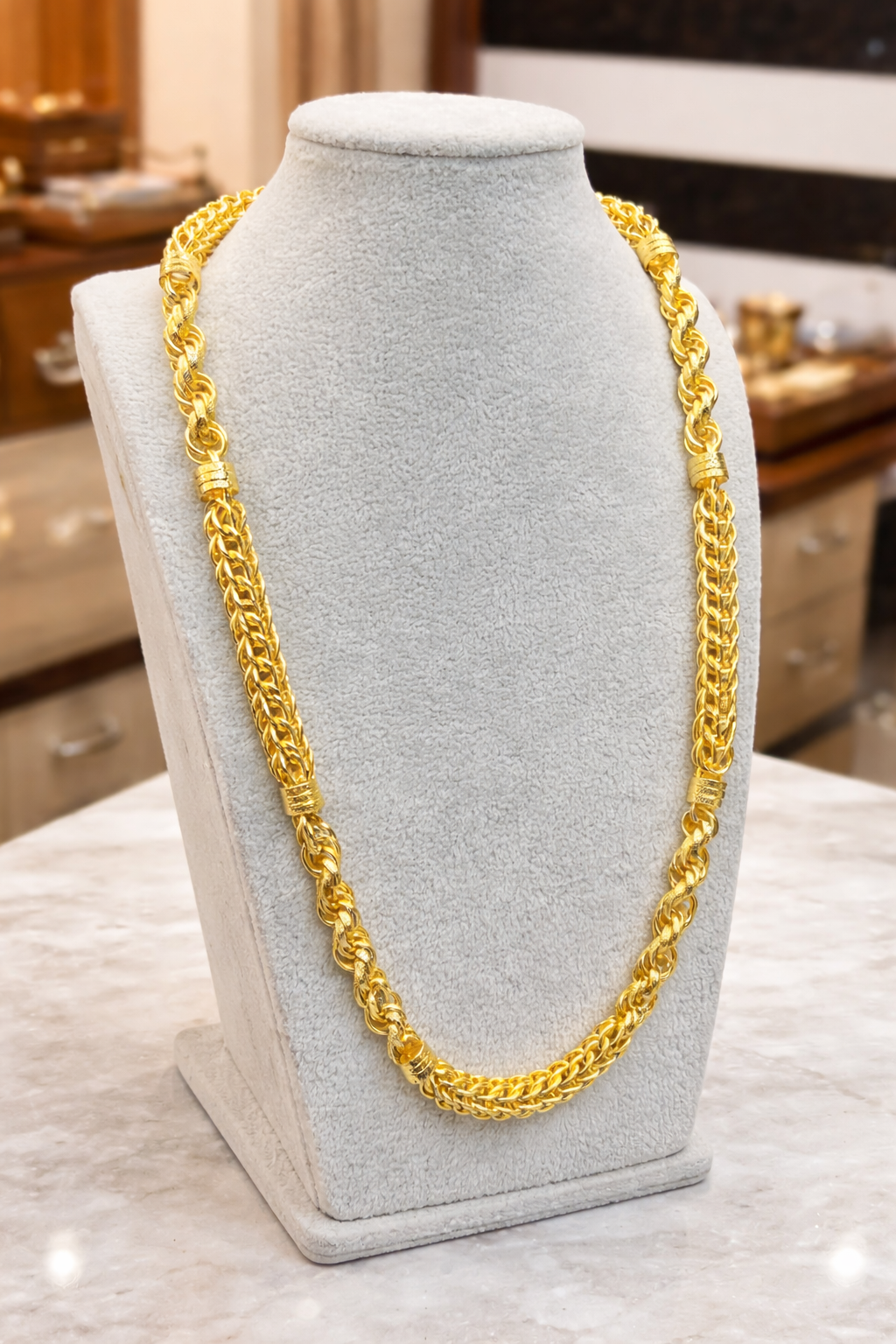 A hallow brass golden chain with a classic link design.