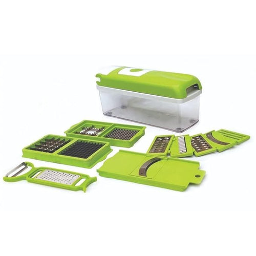 A 13-in-1 plastic vegetable chopper with multiple interchangeable cutting and grating blades
