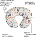 A soft fabric baby nursing pillow cover laid flat on a neutral surface