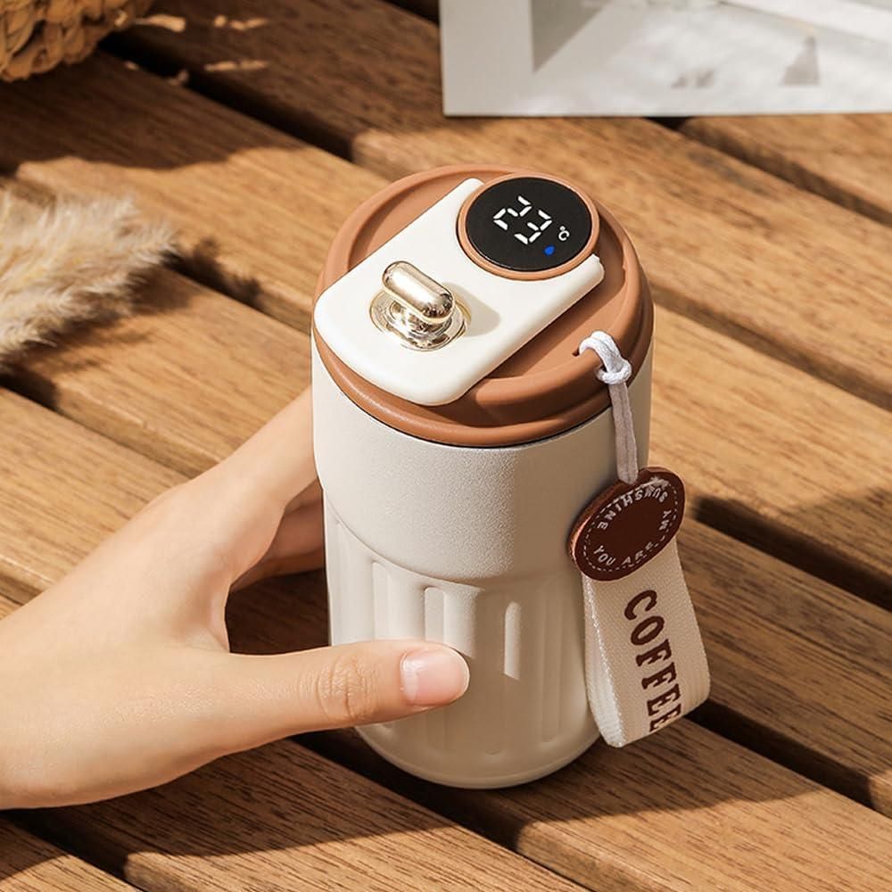 Close up of an LED Temperature Display Coffee Cup with stainless steel interior and a digital display on the lid.