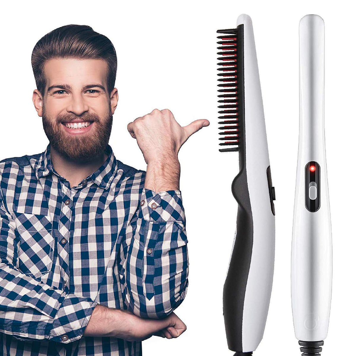 A close up of a portable black plastic styling comb used for beard and hair grooming.