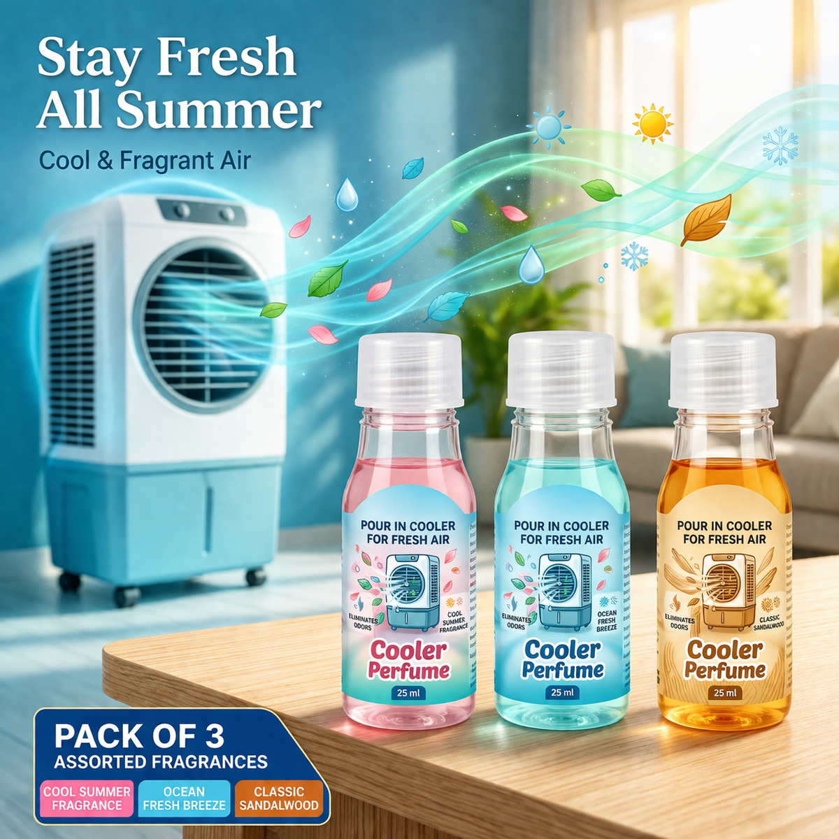 Three pieces of air cooler perfume units in packaging