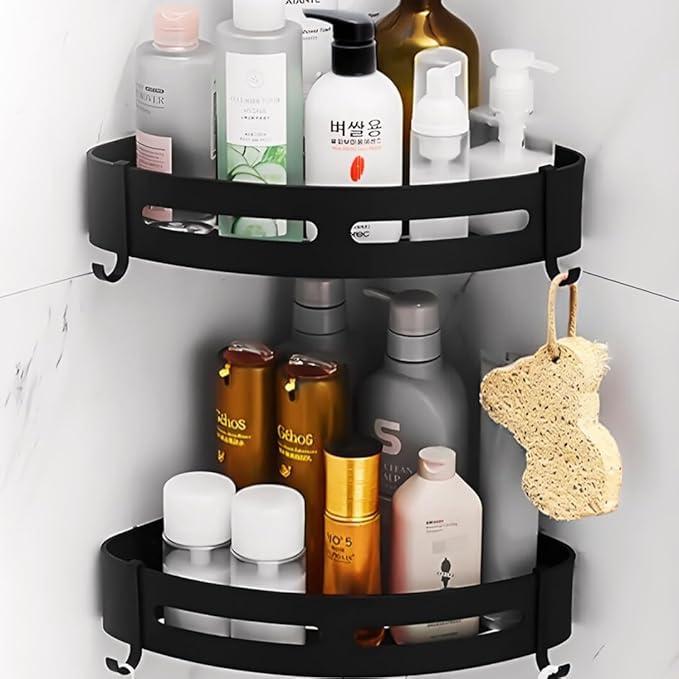 A pack of two silver-toned aluminium corner shelves for bathroom wall mounting