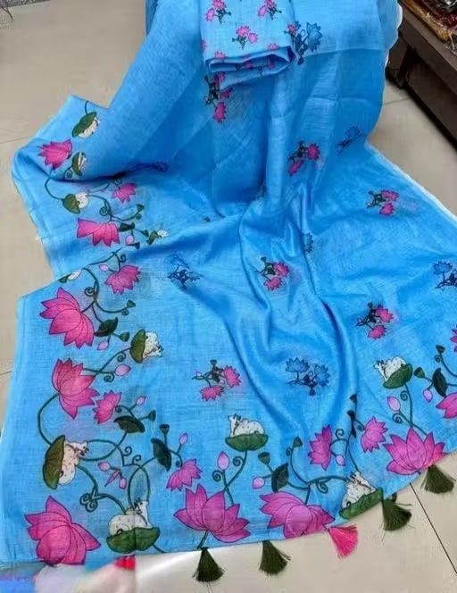 New Flower Linen Cotton Digital Print White Saree with Blouse Piece