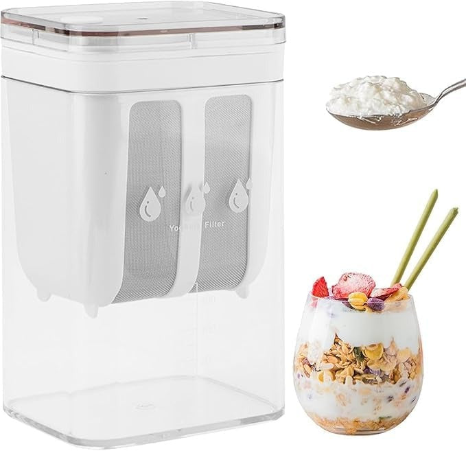 1100ml yogurt strainer with a plastic frame, stainless steel mesh filter, and a white lid