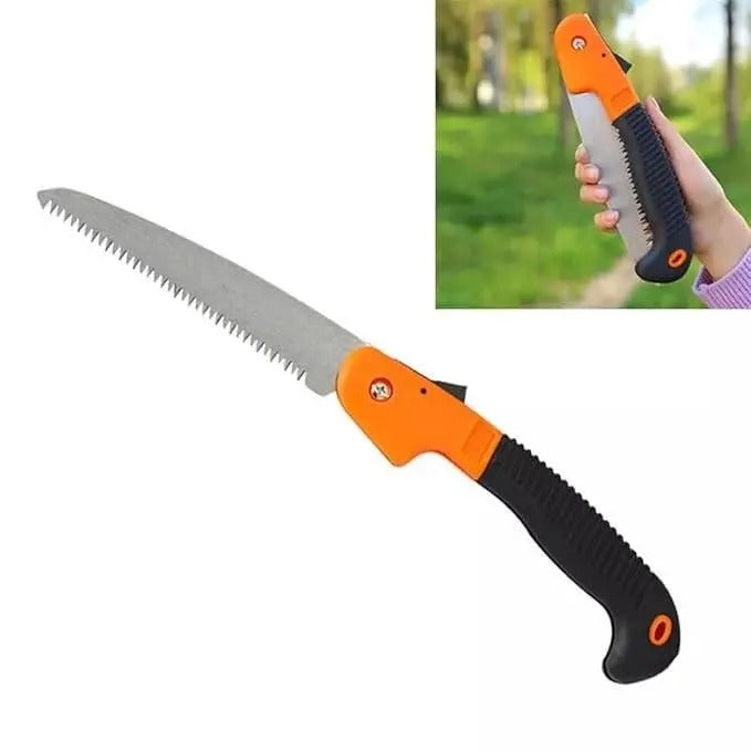 Foldable carbon steel pruning saw showing the blade partially extended