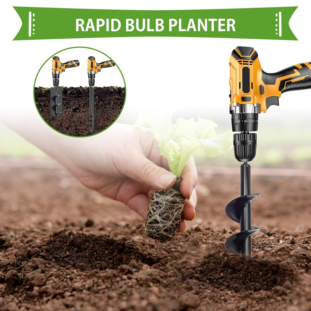 A heavy steel auger drill bit for gardening, shown in a single piece format for power drill attachment.