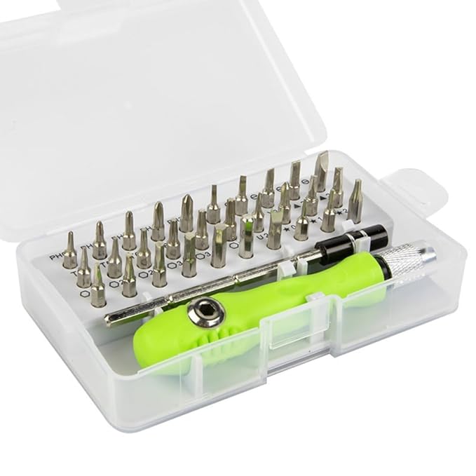 32-in-1 precision screwdriver set with various metal bits in a storage case