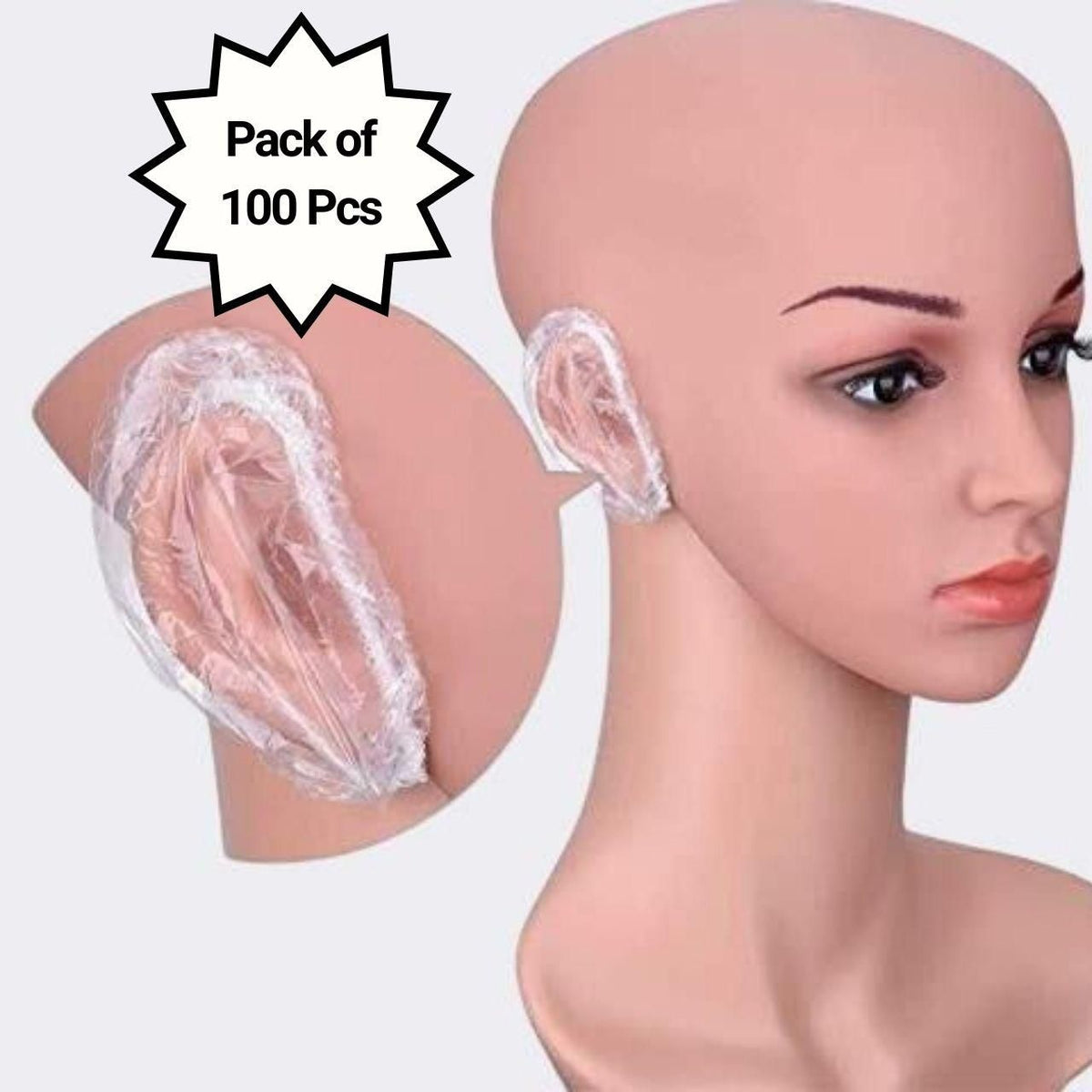 A stack of 100 disposable plastic ear cover caps in a clear packaging