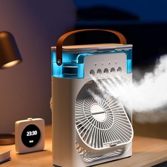 A portable plastic humidifier air cooler mini fan with 3 speed settings and water spray capability.