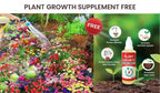 A pack of 100 assorted flower seeds with a small bottle of plant growth serum on a plain background.