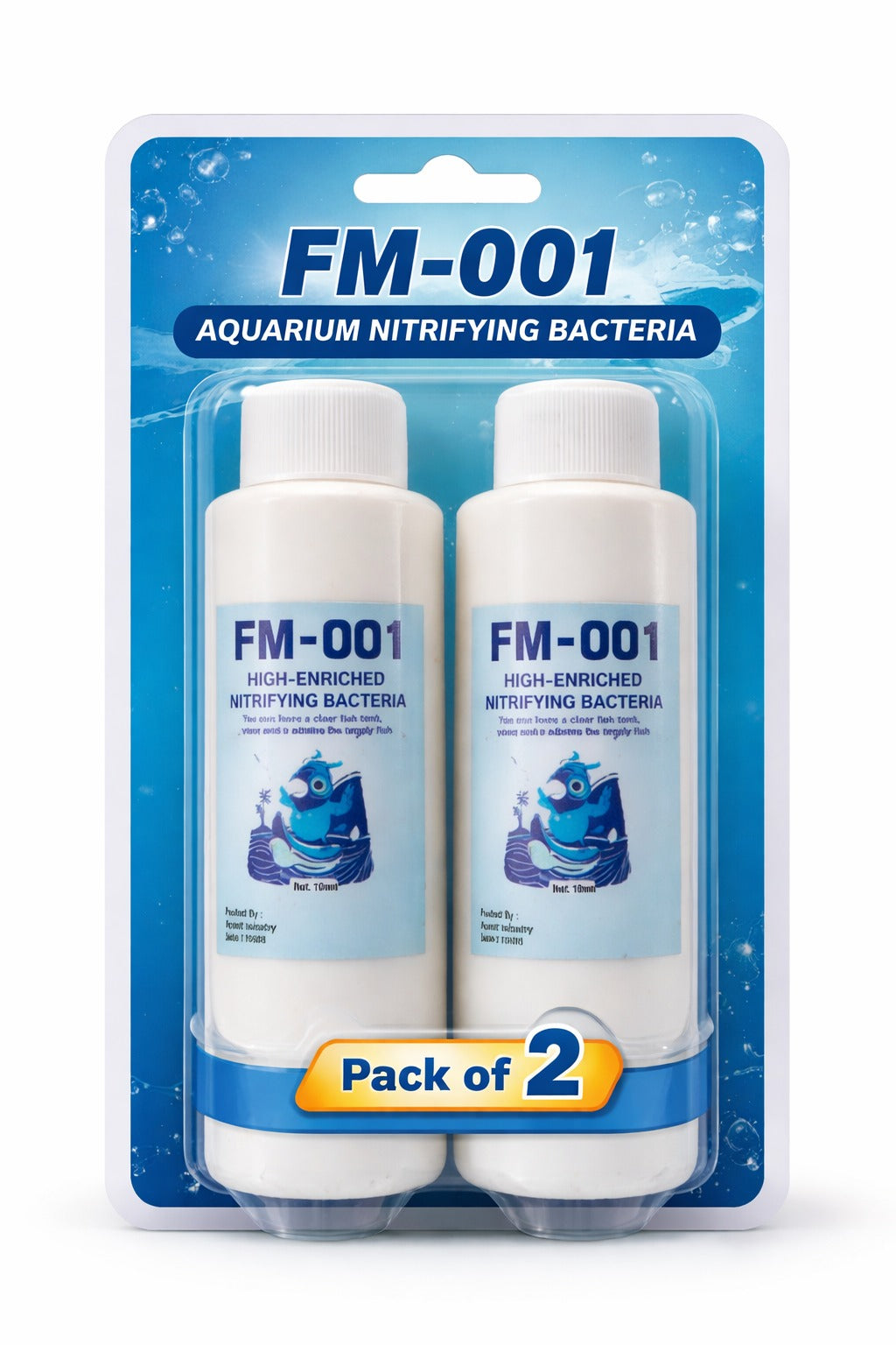 Two bottles of FM-001 biological water purifying agent displayed side by side