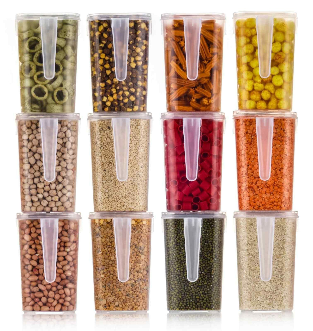 A set of 12 clear plastic storage boxes with handles and lids arranged for home organisation