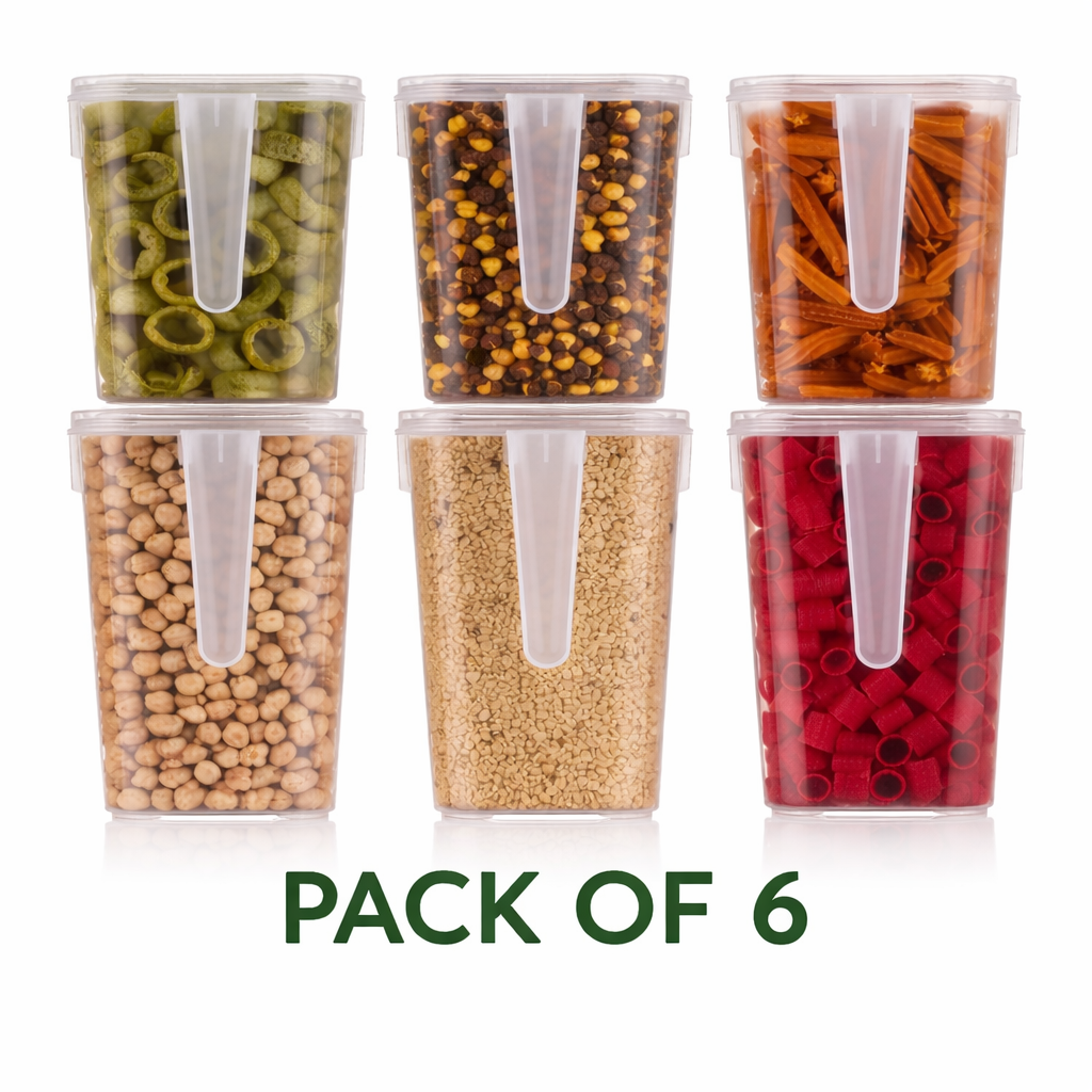 A set of six clear plastic storage boxes with handles and covers