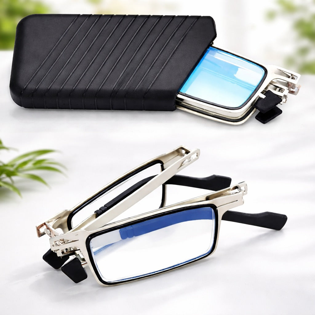 Two pairs of foldable reading glasses with their matching protective cases