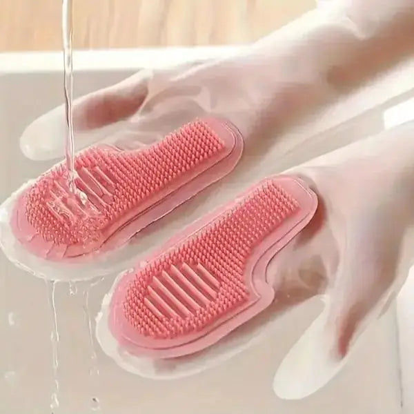 A pair of flexible silicone dishwashing gloves