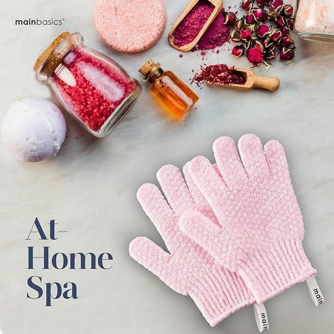 A pair of stretchable woven polyester bath gloves for shower exfoliation