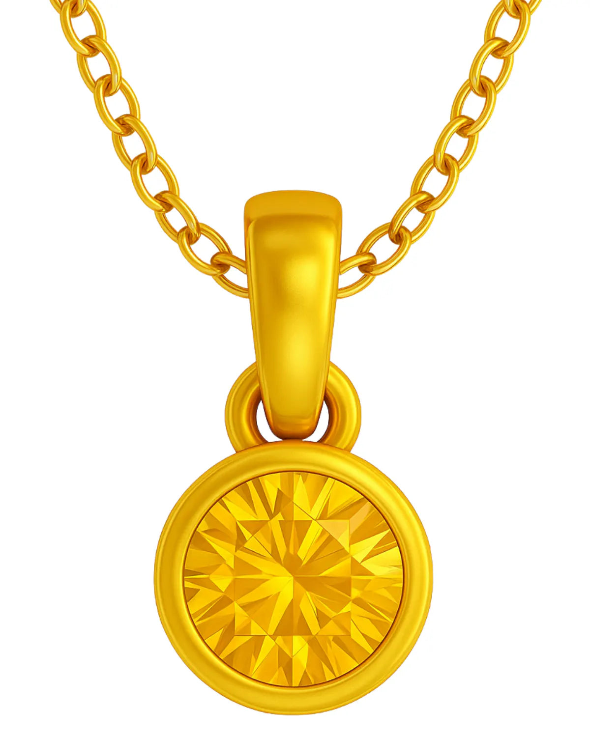 A close up view of a citrine yellow birthstone pendant hanging from a gold plated chain on a white background.