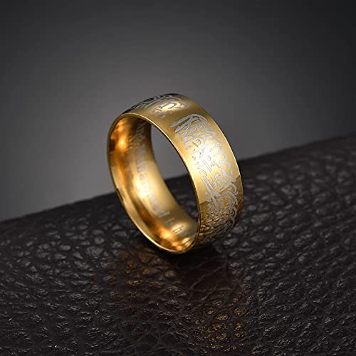 A close-up view of a gold-tone vintage style ring made of stainless steel