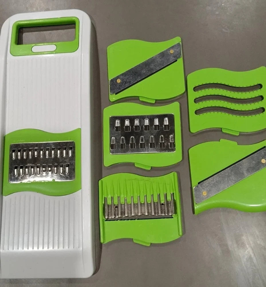 A 6-in-1 manual vegetable slicer with stainless steel blades and ABS plastic base