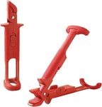 Close up of a red and silver pot pan gripper tong on a white background
