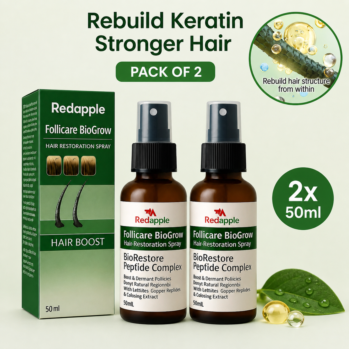 Two 50 ml bottles of Follicure BioGrow Hair Restoration Spray in a combo pack