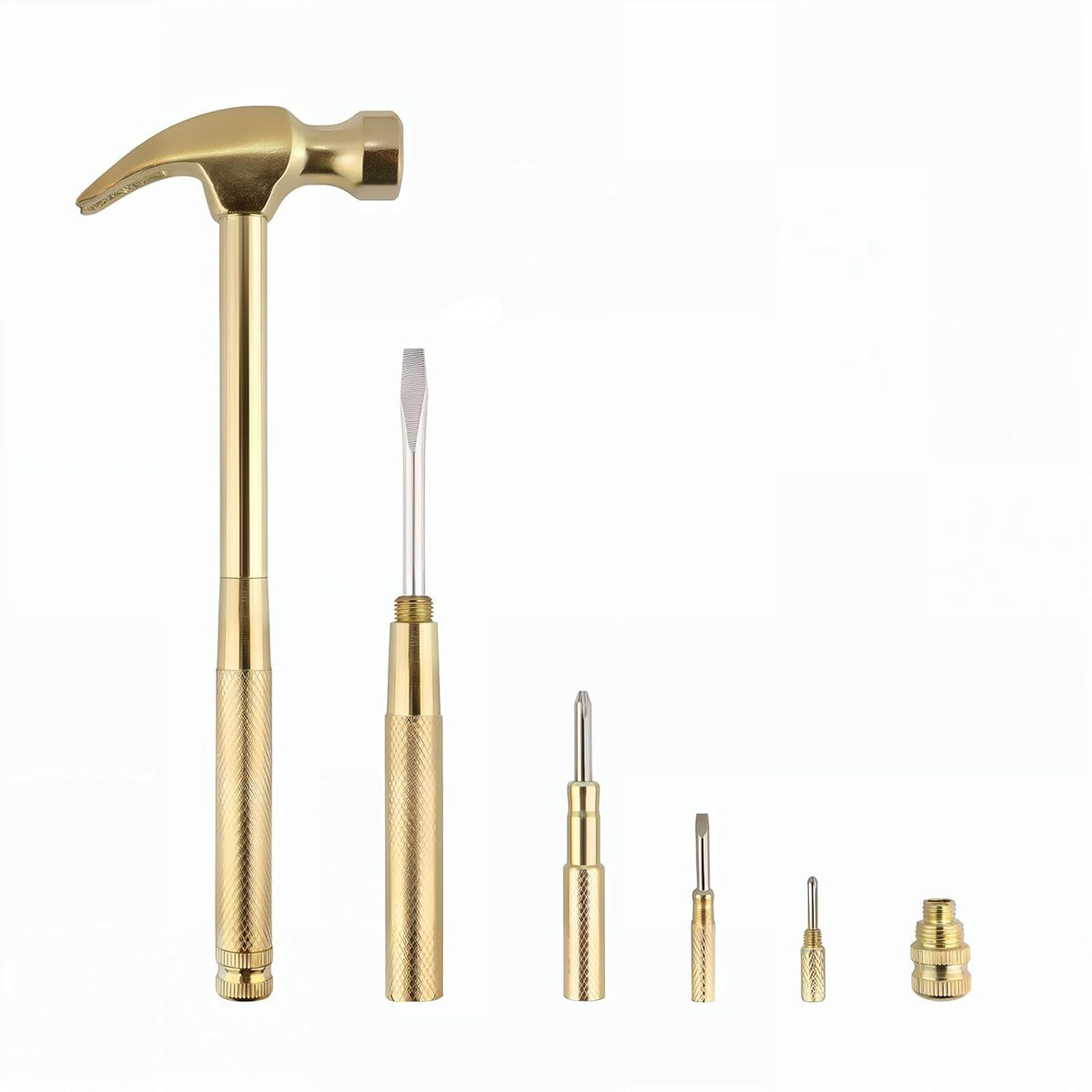 A 6-in-1 multifunction mini hammer with an integrated screwdriver set in a metal finish