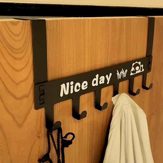 Carbon steel 6-hook hanger designed to mount over a door for bedroom or bathroom door